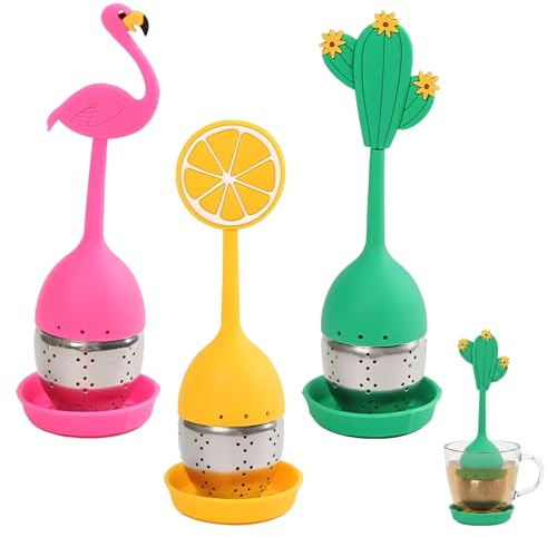 VEOIRXU 3 Stücks Teesieb Aus Silikon Teefilter Mit Abtropfschale Heißer Tee Losen Blatt-Teesieb Silikongriff Edelstahl-Sieb Tee-Ei (Flamingo+Kaktus+Gelbe Zitrone)