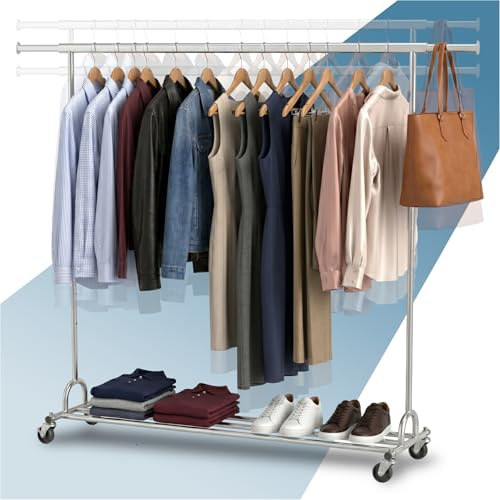 PORTENTUM Perchero burro ropa resistente extensible con ruedas y frenos – Altura regulable entre 149 y 174 cm – Hasta 130 kg de carga – Organizador ropa de acero de 45 x (160-200) cm de ancho