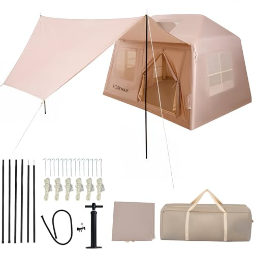 COSTWAY Tente de Camping Gonflable pour 4-6 Personnes | Grande Tente Portable avec Pompe Fenêtres en Maille Piquets de Sol Auvent Sac de Rangement, pour Camping Voyage Randonnée