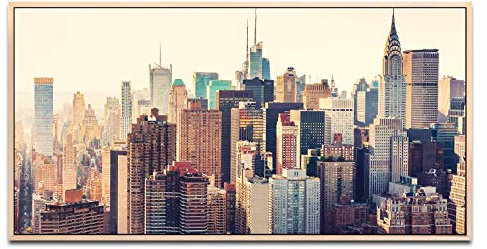 New York Twilight ca. 130x70cm Wandbild inklusive Schattenfugenrahmen naturfarbend - Panorama Leinwand Bild XXL Format Wandbilder Wohnzimmer Wohnung Deko Kunstdrucke