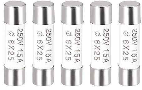 sourcing map 5er Packung Keramik Sicherung 15A, 6x25mm Feinsicherungen Schnellschlag Auslösecharakteristik Sicherung 250V für Leiterplatten Elektronische Geräte