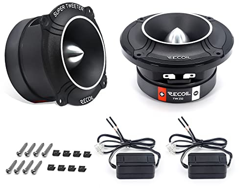 RECOIL TW250 Auto Hochtöner mit Frequenzweiche, 96mm, 400W Max, 4 Ohm | Bullet Superhochtöner, 200W RMS,1 Kapton-Schwingspule, Aluminium-Druckgussrahmen, Alu-Membran, Aufbau, Paar