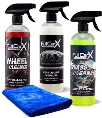 AutoFullCar - Kit Ahorro de limpieza para coche FullCarX - Kit de productos para uso en gasolineras - Limpia llantas Wheel Cleaner, Limpia Cristales Glass Cleaner, Cera líquida Carnauba - 750 ml/u.