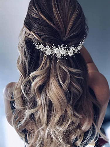 Vakkery Blumen Hochzeits Haarranken Silber Kristall Braut Kopfschmuck Perle Strass Braut Haarschmuck für Frauen und Mädchen (Gold)