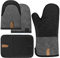 BONTHEE Guantes de horno resistentes al calor, juego de manoplas de cocina con rayas de silicona antideslizantes, juego de 4 unidades, color negro