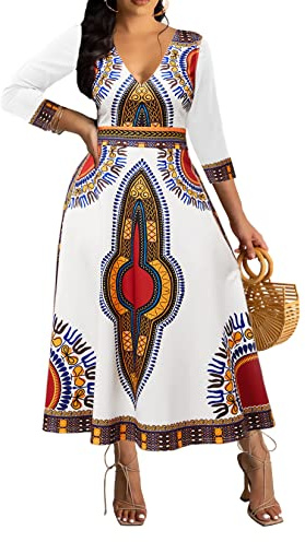 African Long Dresses for Women Elegant Church Dresses Print Maxi Dress High Waist Cocktail Bohemian Vintage Party Outfits, A-White/Ethnic Style, M