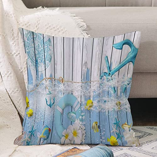 Kissenbezug 45x45 cm,Rustikaler Holzhintergrund Seeanker Rettungsring Ozeanthema Seestern K,Outdoor Kissen Kissenbezüge Kissenhülle Sofa Kissen dekokissen Zierkissen für Wohnzimmer Garten deko draußen