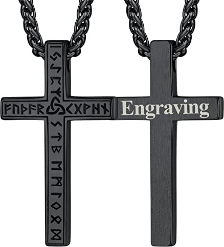 FaithHeart Schwarz Kreuz Kette mit Wikinger Rune Symbol für Herren Männer Christlich Kruzifix Anhänger Halskette mit Text Gravur für Ostern Weihnachten
