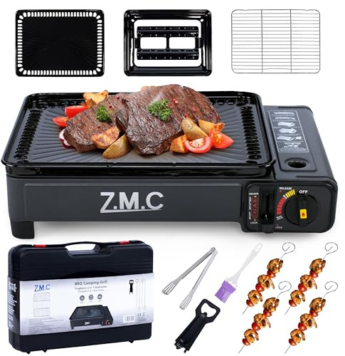 Z.M.C 2-in-1 Gaskocher & Gasgrill 2,2 kW | Campingkocher mit Grillplatte + Grillrost | Piezo-Zündung | LPG-Anschluss | inkl. Zubehör & Transportkoffer | Camping, Outdoor & Balkon