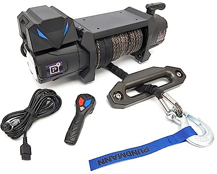 PUNDMANN Elektrische Seilwinde 53.3kN 12V Zugkraft 5443 kg 12000 lbs mit Synthetikseil und Funkfernbedienung für den Profibereich (Abschleppdienst, Fortwirtschaft, Offroad)