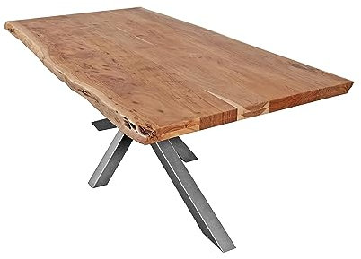 SAM Esstisch 200 x 100 cm Cali, Baumkantentisch naturfarben, Akazienholz massiv, Spider-Gestell aus Metall Silber, aufgedoppelte Kanten 25+25 mm