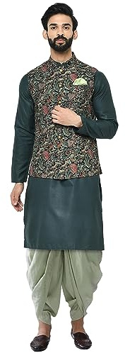 KISAH Men's Kurta Jacket Dhoti Set – Printed Pure Cotton Ethnic Outfit with Mandarin Collar – Indian Wedding & Festive Wear for Diwali, Eid & Celebrations, Multicolour, 40 Teal Green