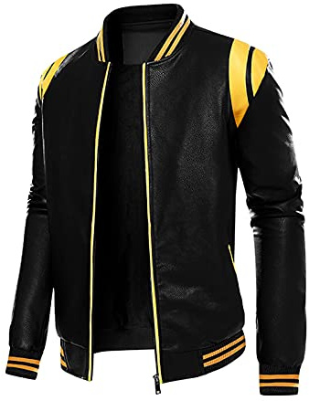 LOIJMK Läderjacka herr biker ståkrage bikerjacka läder bomberjacka herr funky motorcykeljacka funktionell jacka cool konstläderjacka pilotjacka dragkedja övergångsjacka utomhusjacka, GUL, M
