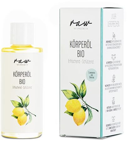 raw Kosmetik, Körperöl BIO Lemongras und Ginseng, 100ml, mit kaltgepressten Bio Ölen, ideal bei gestresster, alternder Haut sowie extrem empfindlicher sowie sensibler Haut.