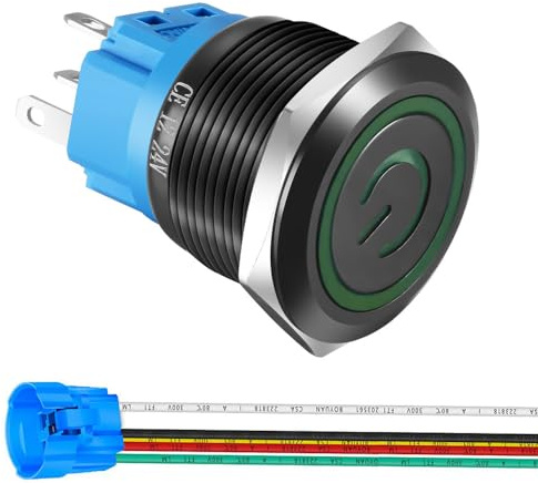 Gebildet Interruptor de Botón con Pestillo de Acero Inoxidable de 22mm 12V-24V/5A Símbolo de Alimentación LED 1NO1NC SPDT ON Off Impermeable con Enchufe de Cable (LED Verde/Carcasa Negra)