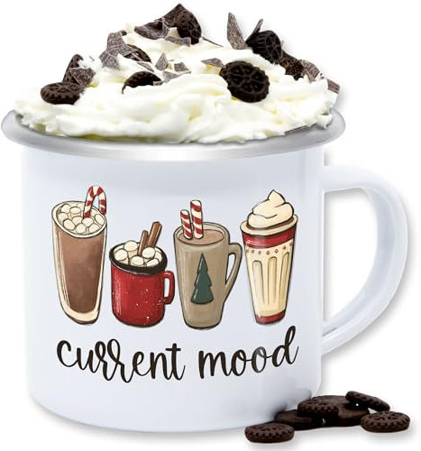 Emaille Tasse Blechtasse - Weihnachtstasse Weihnachten - Current mood - Heiße Schokolade und Marshmallows - 300 ml - Weiß Silber - weihnachtstassen christmas becher weihnacht tassen