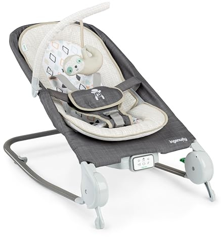 Ingenuity Happy Belly Babywippe & Babyschaukel mit Massage, Vibration, Musik & Faultier, lindert Bauchweh, 0–6 Monate – Grau (Parker)