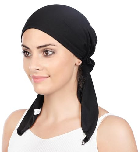 Head Scarf for Women, Chemo Headwear Pre-Tied Headwear Elastic Head Wraps Soft Head Coverings Headwrap Bandana Turban Beanie Hat Sun Protection Head Scarf for Cancer Alopecia Hair Loss (Cotton, Black)