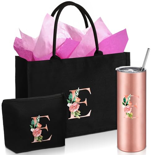 Huhumy Initial Gifts for Women Initial Canvas Tote Bag Makeup Bag Personalized Monogram Tumbler Mother Day Teacher Gifts(E)