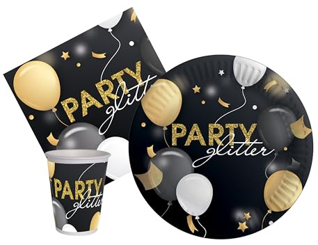 Partygeschirr Party-Set Glitter Party für 24 Personen (88 pcs: 24 Pappteller Ø23cm, 24 Becher 250ml, 40 Servietten 33x33cm) aus eco-friendly kompostierbarem Papier