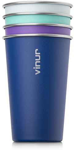 VINUR 4 Pack Stainless Steel Cups 16 oz Pint Tumbler Stackable Metal Drinking Glasses for Travel, Camping, Outdoors (Baby Blue-Navy-Teal-Purple)