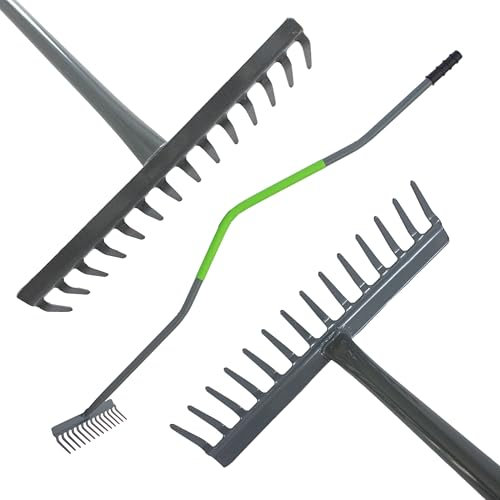 VASKO Stabile Harke Garten mit stiel - für Laub und Gras - Harke mit 14 Zinken und gebogenem Stiel 150 cm lang -Solid Garden Rake Breite 37 cm - Metall Schwarz/Grün