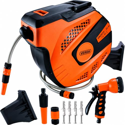Verda Schlauchtrommel, Wand-Schlauchbox 35M +2 M - 1/2-Zoll Automatik-Gartenschlauch mit 180° SchlauchaufrollerRückholfunktion, robuste, wetterfeste & platzsparende Lösung für Garten Terrasse & Balkon