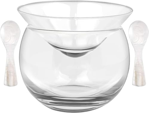 Glass Caviar Chiller Server Set with 2 Mother of Pearl Spoons | Caviar Set with 3.3 Inch Shell Spoons for Serving Caviar with Martini, Wine, Liquor, Cocktail Presentations