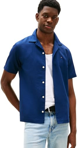 Tommy Hilfiger Camisa Hombre Linen Blend Manga Corta, Azul (Carbon Navy), M