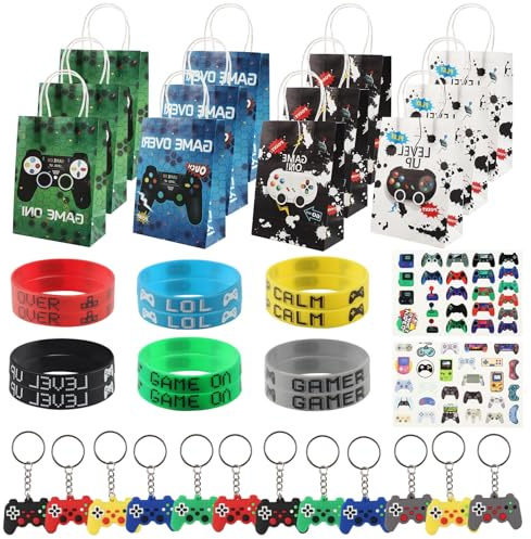 MIHURO Riempitivi per sacchetti per feste per bambini, 38 pezzi, sacchetti per feste di gioco, con braccialetto in silicone e portachiavi, adesivi, decorazioni per feste di gioco, sacchetti per feste