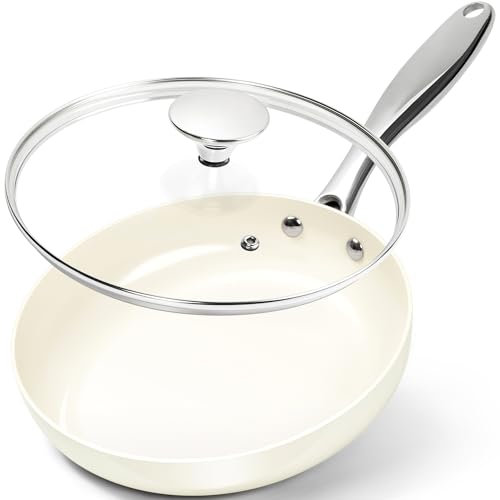 MICHELANGELO 20cm Ceramic Frying Pan, Non Stick Frying Pans with Lid, Small Pan Nonstick, Non Toxic Frying Pan, Ceramic-Coated, Cream White