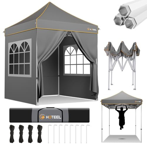 Hoteel Pavillon 2x2 Hochbelastbares Pop-Up Faltpavillon Zelt Mit 4 Seitenwänden wasserdicht stabil UPF50+, 3-Fach Höhenverstellbar, Verbesserte Sechseckige Rohre, Kommerzielles Sofortzelt, Grau