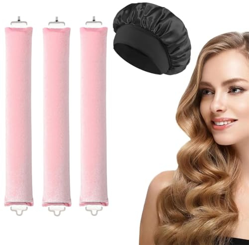 3 Pcs Heatless Hair Curler, Una cuffia per capelli - Arricciacapelli Durante la Notte, Ricci Senza Calore con Ganci, per Avvolgere i Capelli e Dormire Durante la Notte (bigodini, Rosa, cuffia, Nero)