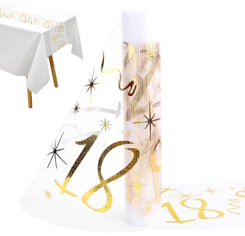 Tischläufer 18 Geburtstag Gold, 28 cm x 10 m Happy Birthday Tischdeko 18 Geburtstag Deko, Table Runner Goldene Tischläufer Stoff Rolle für Junge Mädchen Party Dekoration DIY Basteln