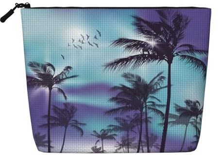 FEYUNYAN Water-Resistant Cosmetic Pouch Organizer for Women Travel, Makeup Bag with Zipper, Lightweight Daily Essentials Pouch for Toiletries Art Supplies Storage, Palm Trees Fake Hemp Makeup Bag