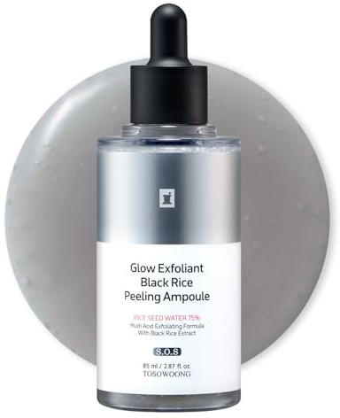TOSOWOONG Black Rice Peeling Ampoule, 75% Black Rice Exfoliant, Dead Skin Remover, Face Body Scrub, Blackheads Pore Cleaner, Kojic Acid, Arbutin for discoloration, Korean Skincare, 85ml / 2.87 fl. oz.