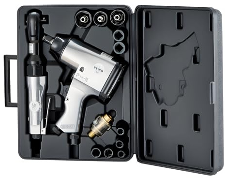 VEVOR 1/2 Air Impact Wrench & 3/8 Ratchet Wrench Combo, 19 Pieces Pro Air Tool and Accessories Kit - Includes 10PCS CR-V Steel Impact Socket Set & Carrying Case for Auto Repair, Home DIY Projects