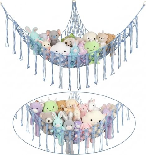 2-pack gosedjur, förvaringsnät, hörn, barnrum, hängande leksak, arrangör, makramé, mjukisdjur, hängmatta för gosiga leksaker, teddy (delikat blåhet)