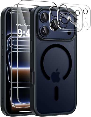 ivencase 5 in 1 Magnétique Coque pour iPhone 17 Pro avec 2 Verres Trempés et 2 Caméra Protecteur, Compatible MagSafe Dos Anti Rayures Étui Antichoc TPU Bumper Housse pour iPhone 17 Pro 6,3 - Noir