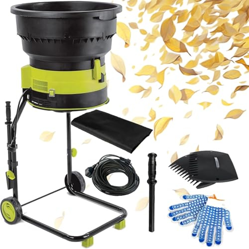 Electric Garden Leaf Mulcher and Shredder with Wheels, Rake, and Storage Bag for Efficient Yard Cleanup and Composting