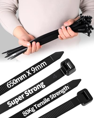50 PCS Long Heavy Duty Cable Ties Black,650mm x 9mm with 80 KGS Ultra Strong Tensile Strength, Large UV Resistant Extra Long Cable Zip Ties Wraps for HVAC Outdoor Construction