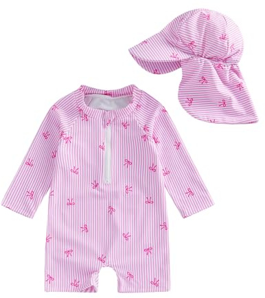 XIXIMAON Newborn Baby Girl Rash Guard One Piece Swimsuit Bow Stripes Print Long Sleeve Romper Swimwear Zip Up Beachwear Sun Hat Girls Bathing Suit