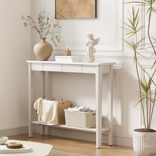 AQIMUELE Konsolentisch Holz mit Schubladen, 24.8 cm schmaler Sofatisch, für Eingang, Flur, Foyer, Wohnzimmer, 24.8 x 100 x 80 cm (Weiß)