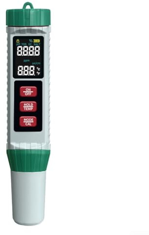 Testeur de pH 5 en 1 avec écran LCD pour un test précis de l'eau dans les piscines, aquariums et hydroponiques | Mesure le pH, la salinité et la température | Stylo testeur en plastique étanche avec