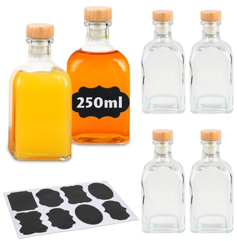 Fizdoqg 6 botellas de cristal vacías con corcho, 250 ml, botellas pequeñas para rellenar con colgantes para bricolaje, botellas de zumo, fiestas, limonada