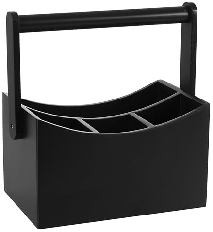 Vencier Bamboo Kitchen Utensil Holder with 4 Compartments, Drop-Down Handle Cutlery Caddy Organizer with Dividers, Countertop Storage Rack for Spoons, Forks, Knives & Gadgets (Black)