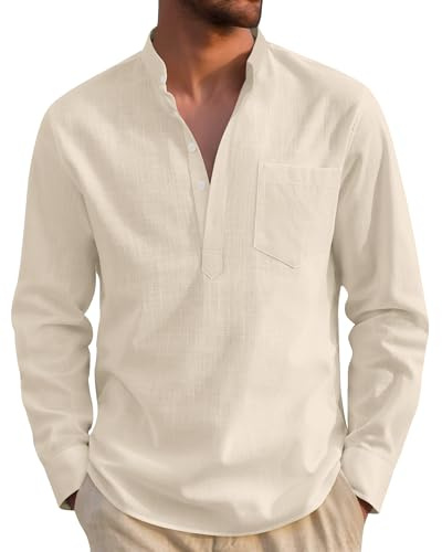 J.VER Leinenhemd Herren Langarm Baumwolle Henley Regular Fit Freizeithemd | mit Brusttasche, Sommerhemd, Atmungsaktiv, Comfort, Leicht, Strand, Outdoor, Urlaub, Büro, Beach, Party, Festival, S-4XL