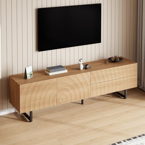 FammyLoft TV-Schrank bis 75 Zoll mit 3D-Textur, Lowboard 180cm mit 2 Schublade, 2 Schranktüren, Fernsehtisch mit Griffloses Design, TV Stand, Fernsehschrank, TV-Board, TV-Kommode, Natur