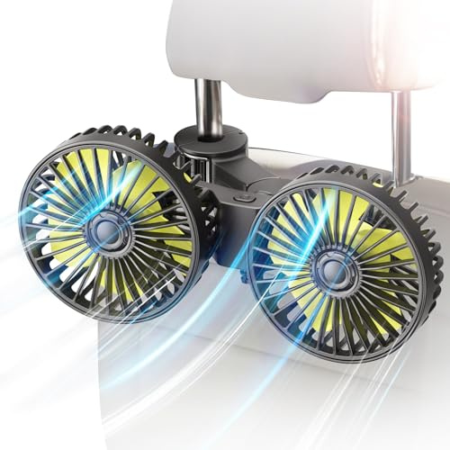 Ouffun Ventilatore per auto per sedile posteriore, ventola USB a doppia testa, 3 velocità, forte vento girevole a 360°, poggiatesta posteriore, circolazione dell'aria, ventole per auto con clip