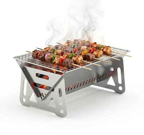 Ziyonix Barbecue Portatile a Carbone, BBQ Griglia in Acciaio Inox Camino da Campo Portatile Barbecue Carbone Sollevabile Griglia per Pieghevole per Feste in Giardino All'aperto Picnic（28 * 18 * 13cm)